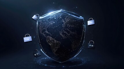 Wall Mural - A dark, futuristic globe encased in a glowing shield with circuit patterns overlaying the continents, symbolizing global cybersecurity. Floating padlocks and data nodes surround the globe.