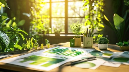 Aufkleber - A workspace filled with greenery and design materials promoting sustainability and nature.