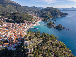 Wall Mural - Aerial drone view of the coastal town and holiday destination of Parga in Greece.