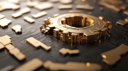 Aufkleber - A close-up of a metallic gear-like structure on a circuit board, symbolizing technology and innovation.