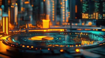 Aufkleber - A futuristic control panel with glowing data visualizations and interfaces.