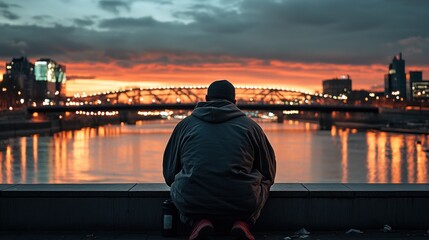 Poster - A person gazes at a sunset over a river, reflecting city lights and a tranquil atmosphere.
