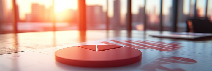 Fototapete - A red play button on a table with a cityscape background during sunset.
