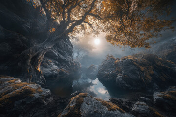 Wall Mural - Mystical landscape with moonlit trees casting reflections on a serene river, surrounded by rocky formations and illuminated by a full moon.