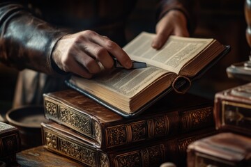 Aufkleber - A hand holds an open book, surrounded by stacked antique volumes in a cozy setting.