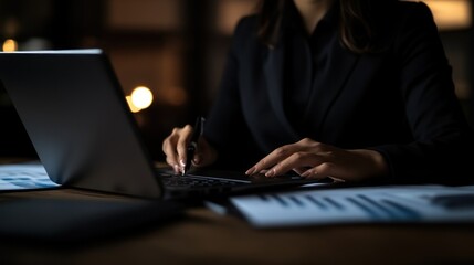 Aufkleber - A person working on a laptop with documents on a desk in a professional setting.