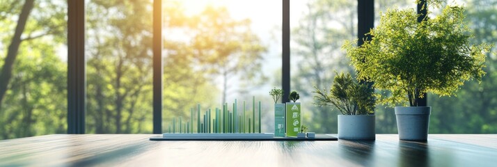 Poster - A serene workspace with plants and a green graph, symbolizing growth and sustainability.