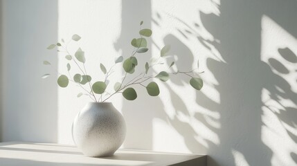 Aufkleber - A minimalist vase with greenery casting shadows on a wall in soft light.