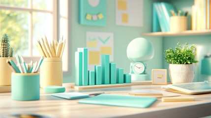 Poster - A serene workspace featuring mint green decor and organized stationery for productivity.