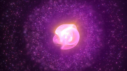 Wall Mural - Pink and purple glowing nebula sphere with a swirling core, surrounded by particles, set in a fantasy-like cosmic atmosphere background