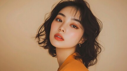 Wall Mural - radiant young asian woman with spotless skin posing elegantly against a soft background in a fashion