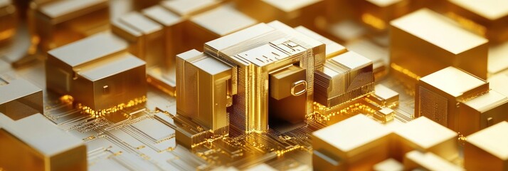 Aufkleber - A close-up view of intricate golden microchips on a circuit board.