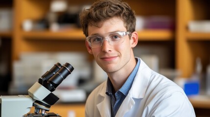 Poster - A young scientist in a lab coat smiles beside a microscope in a research laboratory.