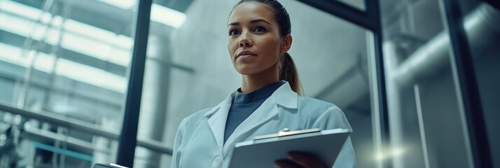 Poster - A focused professional in a lab coat holding a clipboard, indicating a scientific environment.