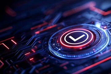 Futuristic digital interface with glowing elements representing approval and technology advancement.