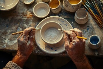 Poster - A potter shaping clay with tools, surrounded by various paint pots and brushes.