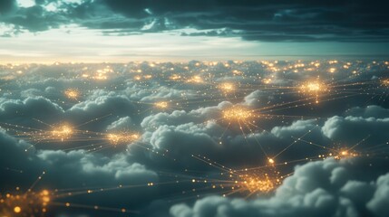 Wall Mural - A dynamic particle cloud visualizing quantum entanglement, with multiple streams of energy connecting them across a vast digital space.