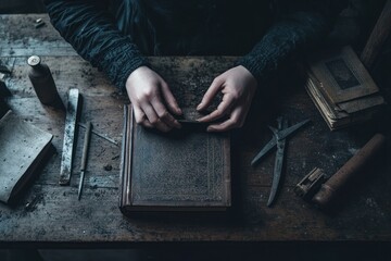 Poster - A person is working on a vintage bookbinding project at a wooden table with tools.