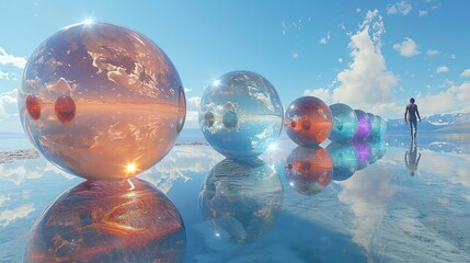 Wall Mural - a lone figure walks towards giant reflective orbs on a calm, reflective surface under a vibrant sky.