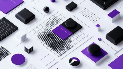 Fototapete - Abstract composition of geometric shapes in purple, black, and white, emphasizing design elements.