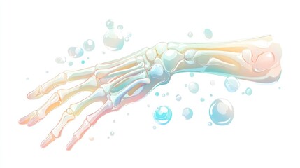 Poster - An illustration of a skeletal hand surrounded by bubbles, blending organic and whimsical elements.