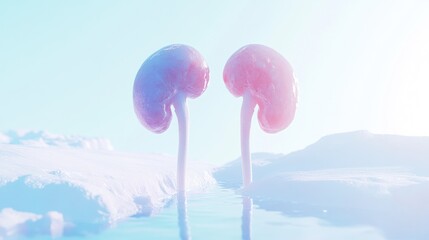 Fototapete - Two stylized kidneys emerging from a serene, icy landscape.