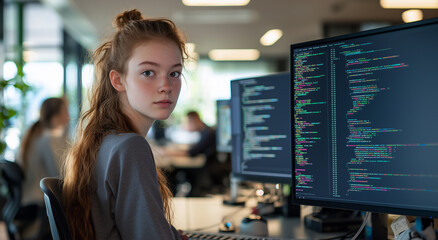 Young female programmer at work, software development concept, writing code on multiple screens, technology profession, modern IT workspace, programming career, tech industry