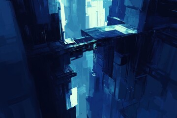 Poster - A futuristic, abstract landscape featuring dark structures and glowing elements.