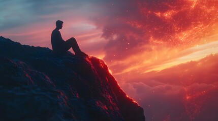 Poster - A man sitting at the edge of a cliff, his 3D silhouette merging with 2D glowing outlines of the rocky edge and the sunset's light. 4k resolution, Cinematic Scene