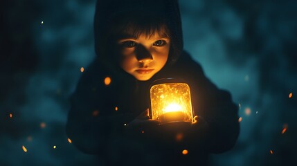 Aufkleber - A child holding a lantern in the dark, their 3D figure glowing softly with 2D trails of light symbolizing hope. 4k resolution, Cinematic Scene