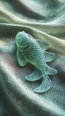 Wall Mural - A close-up of a fish-shaped pendant made of jade, placed on a silk scarf, symbolizing prosperity and abundance during the New Year. Social media vertical reels story footage