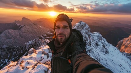 Poster - Man takes a selfie at mountain summit with vibrant sunset painting the sky in warm hues