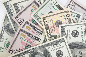 Wall Mural - Close-up of various dollar bills. American dollars. Business concept. Selective focus.