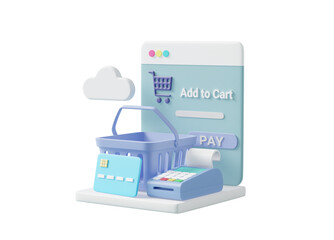 Wall Mural - 3D rendered illustration of shopping cart, credit card, cash register icons. And the 