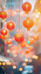 Wall Mural - A vibrant street market scene filled with red lanterns and decorative gold ingots, showcasing the festive atmosphere during the New Year celebrations. Social media vertical reels story footage