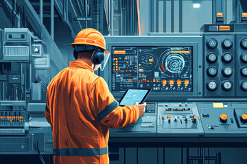 A man in an orange jacket is working on a computer monitor