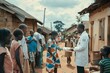 © N Joy Art  - Doctor providing medical assistance woman in vibrant dress in African village, surrounded by children villagers, healthcare accessibility dedication to improving public health in underserved areas.