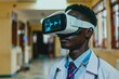 © N Joy Art  - Young African doctor wearing a VR headset engaged in virtual medical training session. The VR display shows simulated heart rate, providing an interactive and modern approach to medical education.