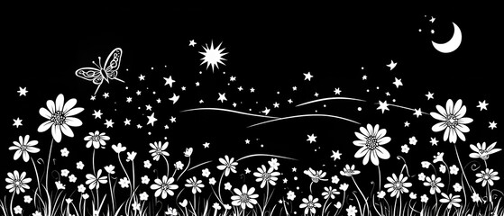 Wall Mural - Black and white image of a field of flowers with a butterfly and a moon in the sky