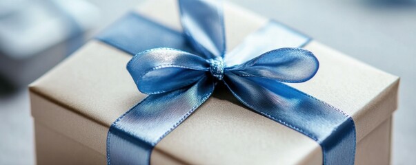 Wall Mural - Small gift box with silver wrapping and blue ribbon.