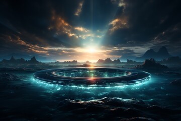 Wall Mural - Futuristic ring structure glows at sunset in an alien landscape.