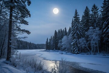 Wall Mural - A serene forest landscape with snow-covered trees, a frozen lake, and a bright full moon, tree, calm, serene