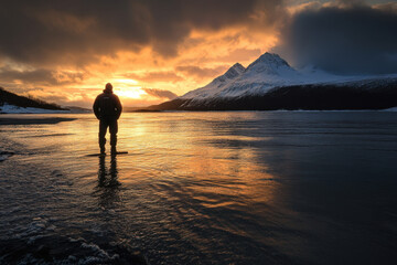 Wall Mural - Silhouette of a person standing by a serene lake at sunset, with snow-capped mountains in the background and vibrant orange and blue skies.