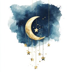 Wall Mural - Watercolor, clipart of stars hanging from the moon in celestial gold and dark blue tones, white background