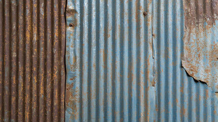 Fototapete - Aged corrugated metal texture with rust and peeling paint, showcasing weathered surfaces and industrial decay. image captures rugged beauty of time worn materials in close up view