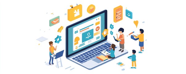 Aufkleber - Children interacting with digital classroom content on laptops, emphasizing the transformation of learning through online courses and elearning for kids