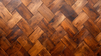 Leinwandbilder - Rich brown herringbone wood texture in top view, showcasing intricate patterns and natural grain details. Perfect for backgrounds or design elements