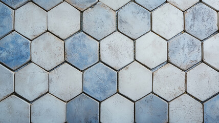 Aufkleber - Hexagon tile texture in shades of blue and gray, viewed from above, showcasing rustic and geometric pattern. tiles have weathered appearance, adding character to design