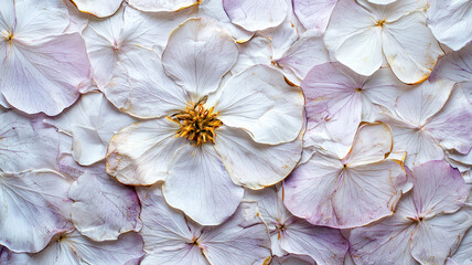 Poster - Delicate pressed flower petals create soft, textured pattern in shades of white and pink, evoking sense of tranquility and natural beauty