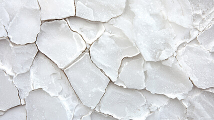Poster - Cracked white salt crystals form textured surface, showcasing natural patterns and intricate details. close up view highlights unique formations and rough texture of salt